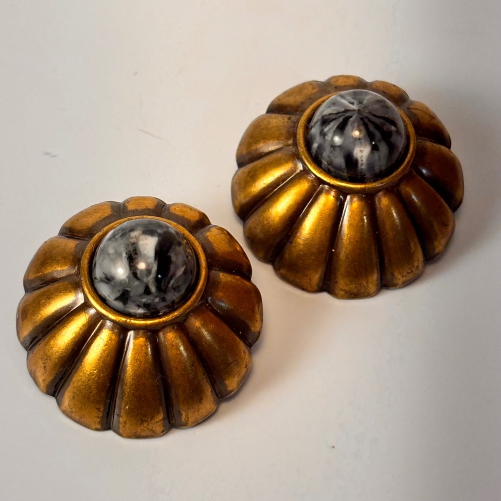 Vintage Chunky Stud Earrings Gold Black Marble Statement Dark Academia Boho Chic
